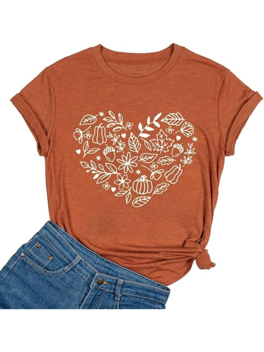 🆕 Women's Orange Fall Heart Pumpkin Autumn Leaves Acorn Graphic Tee Shirt Top